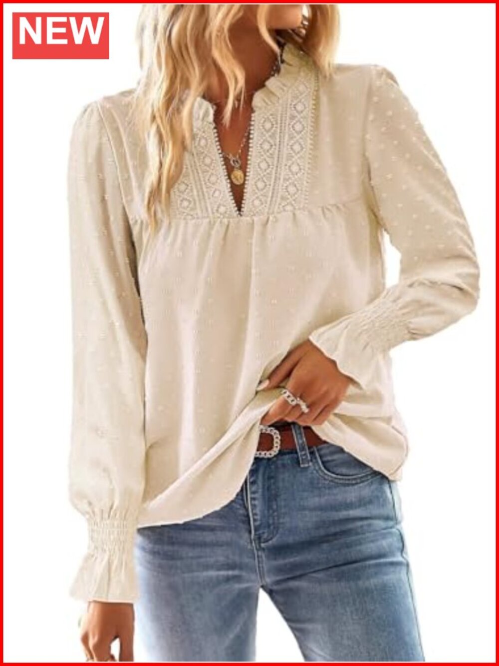 Womens Boho V-Neck Crochet Lace Long Sleeve Blouse